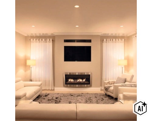 Wohnzimmer mit Kamin Wandmontage Fernseher und heller Sitzgruppe in modernem Ambiente (Image AI modified or generated)