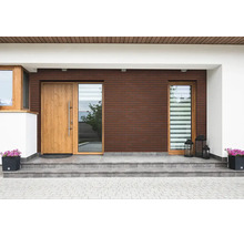 Eingangsbereich eines Hauses mit einer Holztür, Seitenteil aus Glas, Ziegelsteinwand und gefliester Treppe mit Pflanzgefäßen und Laternen.