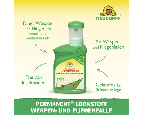 Appât Neudorff Permanent pour pièges à guêpes et mouches, sans insecticide, efficacité 6 semaines, pour usage intérieur et extérieur.