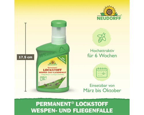 Appât Neudorff Permanent pour piège à guêpes et mouches dans une bouteille de 17,5 centimètres de hauteur, utilisable de mars à octobre.