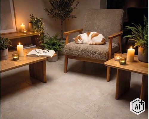 Salon chaleureux avec carrelage moderne, fauteuil confortable, tables en bois, plantes et éclairage aux bougies. (Image AI modified or generated)