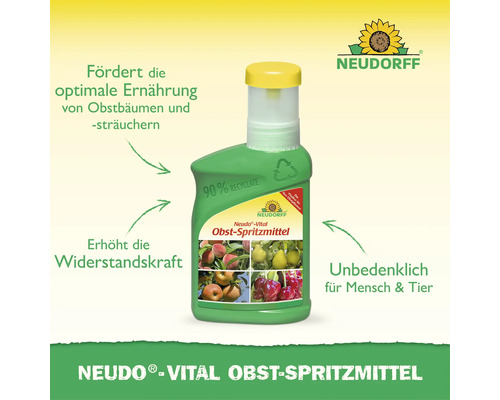 Produit phytosanitaire Neudorff Neudo-Vital pour le soin des arbres et arbustes fruitiers dans un flacon en plastique avec logo Neudorff