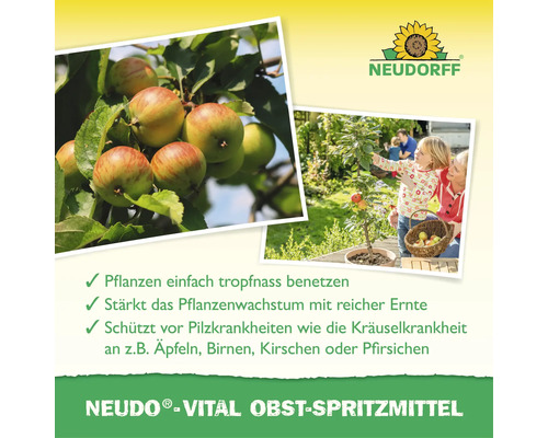 Neudorff Neudo Vital traitement pour arbres fruitiers pour renforcer les arbres avec des informations produit et le logo Neudorff.
