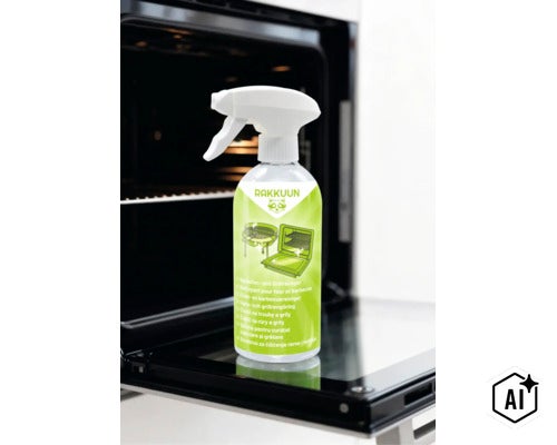 Rakkuun Backofen- und Grillreiniger in einer Sprühflasche vor einem geöffneten Backofen. (Image AI modified or generated)