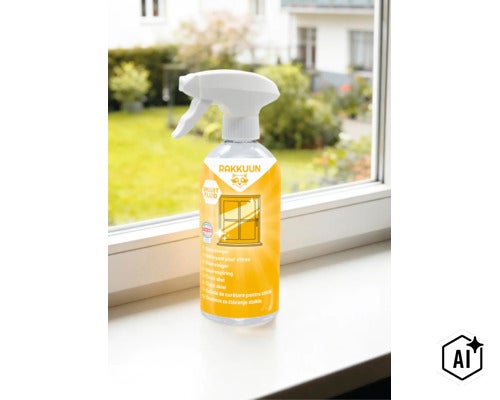 Rakkuun Glasreiniger in der Sprühflasche auf einer Fensterbank zur streifenfreien Reinigung von Fenstern und Glasscheiben. (Image AI modified or generated)