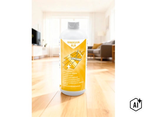 Eine Flasche Rakkuun Laminatreiniger auf einem hellen Holzboden in einem Wohnzimmer. (Image AI modified or generated)