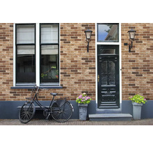 Fassade mit Ziegelmauerwerk Optik, schwarzer Eingangstür, Fenster und Fahrrad vor einem Wohnhaus.