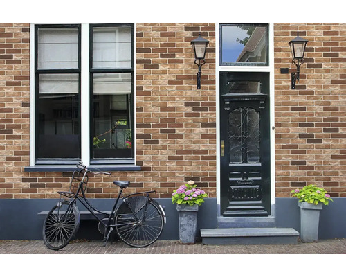 Fassade mit Ziegelmauerwerk Optik, schwarzer Eingangstür, Fenster und Fahrrad vor einem Wohnhaus.
