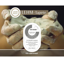 Hände halten Lehmmasse zur Information über Lehm-Tapete mit TÜV NORD Zertifikat für Allergiker und schadstoffgeprüftes Material.