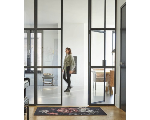 Pièce lumineuse avec porte à cadre en acier, tapis et une femme