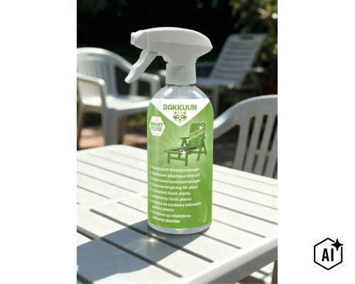 Rakkuun Kunststoff Intensivreiniger in der Sprühflasche zur Pflege von Gartenmöbeln aus Kunststoff. (Image AI modified or generated)