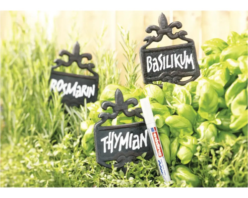 Trois étiquettes de plantes rustiques en métal avec inscription parmi des herbes fraîches et un marqueur Edding pour surfaces lisses.