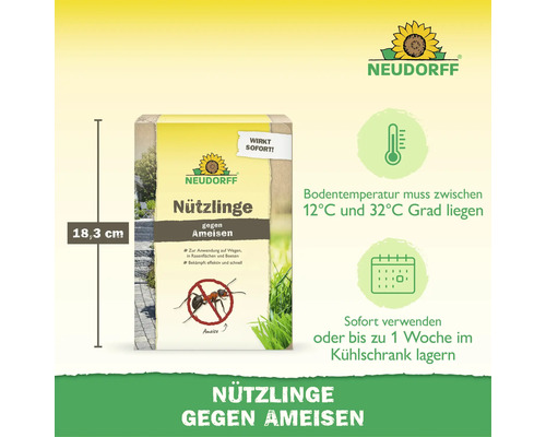 Neudorff insectes utiles contre les fourmis produit biologique avec instructions d application plage de temperature et informations de stockage.