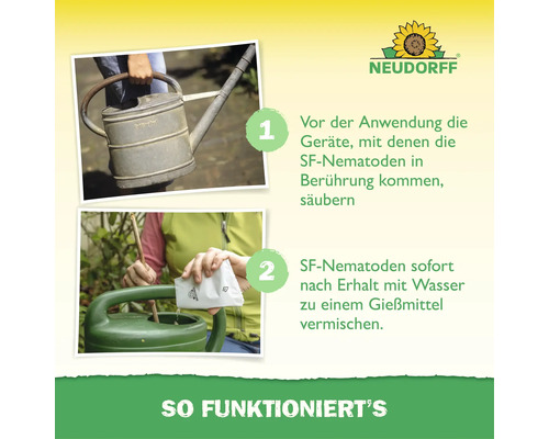 Instructions d utilisation des nématodes SF Neudorff en deux étapes avec le logo Neudorff et les conseils de nettoyage pour les arrosoirs.
