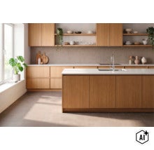 Cuisine équipée moderne avec façades en bois clair, îlot central, plan de travail blanc et étagères ouvertes dans une pièce lumineuse. (Image AI modified or generated)