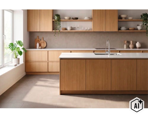 Cuisine équipée moderne avec façades en bois clair, îlot central, plan de travail blanc et étagères ouvertes dans une pièce lumineuse. (Image AI modified or generated)