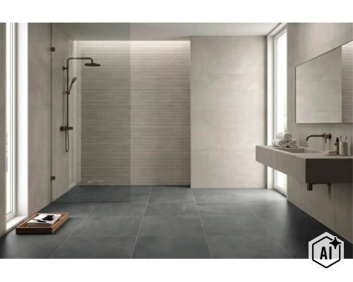 Salle de bain moderne avec de grands carreaux gris, douche ouverte et lavabo suspendu, design lumineux et minimaliste. (Image AI modified or generated)