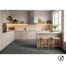 Cuisine équipée moderne et lumineuse avec îlot central, éléments en bois, crédence carrelée et deux tabourets de bar dans une pièce ensoleillée. (Image AI modified or generated)