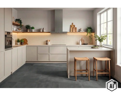 Cuisine équipée moderne et lumineuse avec îlot central, éléments en bois, crédence carrelée et deux tabourets de bar dans une pièce ensoleillée. (Image AI modified or generated)