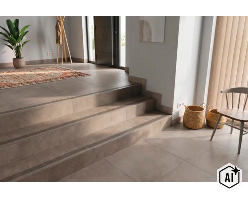 Entrée avec marches carrelées dotées de nez de marche dans un intérieur moderne décoré avec goût. (Image AI modified or generated)