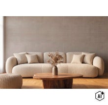 Salon avec canapé beige et table basse en bois devant un mur avec des carreaux grand format au design en briques (Image AI modified or generated)