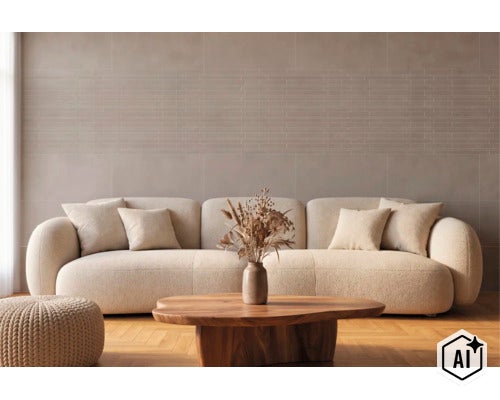 Salon avec canapé beige et table basse en bois devant un mur avec des carreaux grand format au design en briques (Image AI modified or generated)