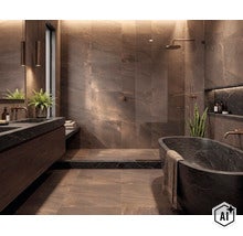 Salle de bain moderne avec carrelage en pierre naturelle foncée, baignoire îlot, douche à l'italienne et meuble vasque avec robinetterie. (Image AI modified or generated)