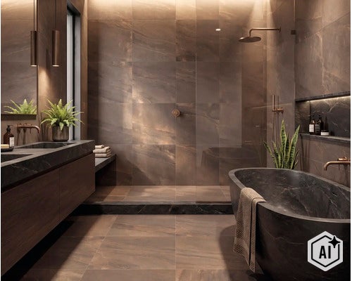 Salle de bain moderne avec carrelage en pierre naturelle foncée, baignoire îlot, douche à l'italienne et meuble vasque avec robinetterie. (Image AI modified or generated)