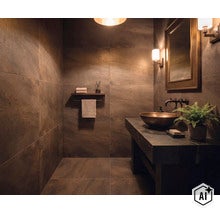 Salle de bain moderne avec meuble vasque, vasque à poser, appliques murales et carrelage effet pierre pour une ambiance élégante. (Image AI modified or generated)