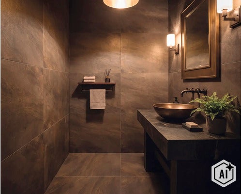 Salle de bain moderne avec meuble vasque, vasque à poser, appliques murales et carrelage effet pierre pour une ambiance élégante. (Image AI modified or generated)