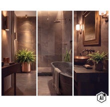 Salle de bain moderne avec carrelage sombre, baignoire îlot, douche à l'italienne et robinetterie élégante au design minimaliste. (Image AI modified or generated)
