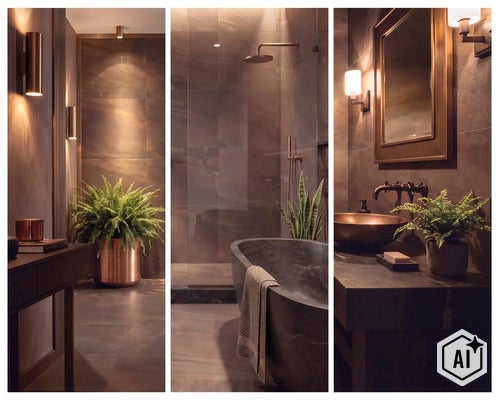 Salle de bain moderne avec carrelage sombre, baignoire îlot, douche à l'italienne et robinetterie élégante au design minimaliste. (Image AI modified or generated)