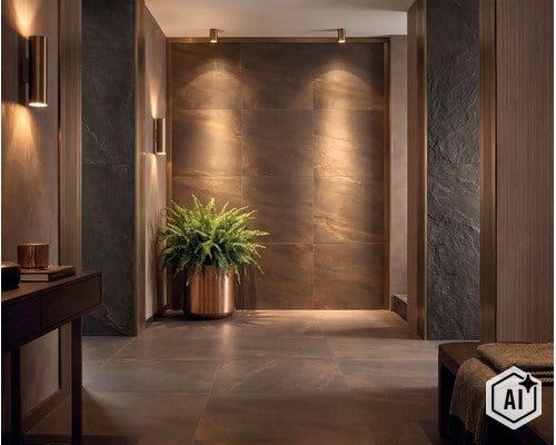 Couloir moderne avec carreaux grand format aspect pierre, accentué par des appliques murales, une plante dans un pot en métal et un design sobre. (Image AI modified or generated)