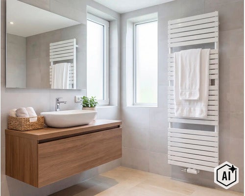 Salle de bain moderne avec meuble sous vasque, vasque, miroir et un radiateur sèche-serviettes haut sur le mur carrelé. (Image AI modified or generated)