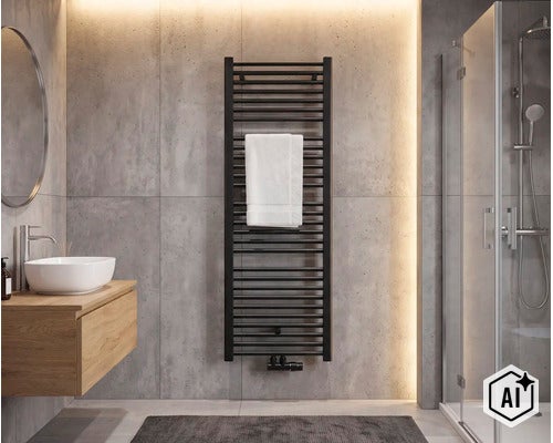 Radiateur de salle de bain moderne dans une salle de bain élégante avec carrelage imitation béton, douche, lavabo et serviette sur le radiateur. (Image AI modified or generated)