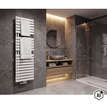 Salle de bain moderne avec radiateur sèche-serviettes, meuble sous-vasque en bois, miroir rond et cabine de douche avec carrelage imitation pierre. (Image AI modified or generated)
