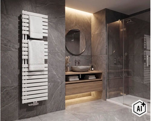 Salle de bain moderne avec radiateur sèche-serviettes, meuble sous-vasque en bois, miroir rond et cabine de douche avec carrelage imitation pierre. (Image AI modified or generated)