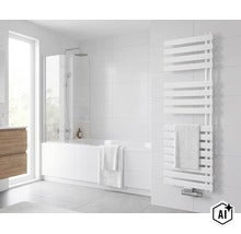 Salle de bain moderne avec radiateur design, baignoire avec paroi de douche et sèche-serviettes sur le mur carrelé. (Image AI modified or generated)