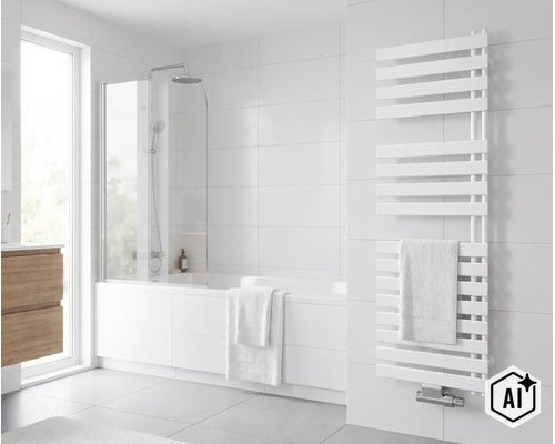 Salle de bain moderne avec radiateur design, baignoire avec paroi de douche et sèche-serviettes sur le mur carrelé. (Image AI modified or generated)