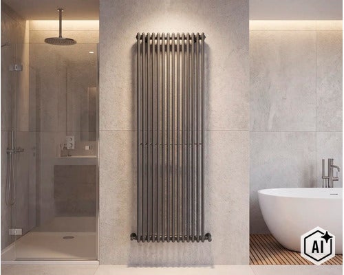Radiateur tubulaire vertical moderne comme élément de design dans une salle de bain élégante avec douche à effet pluie et baignoire. (Image AI modified or generated)