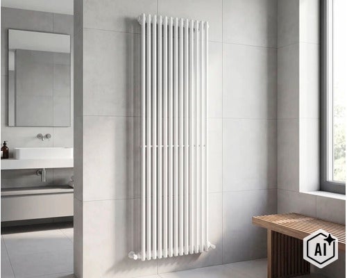 Radiateur tubulaire vertical pour salle de bain dans un intérieur moderne installé contre un mur carrelé (Image AI modified or generated)