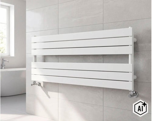 Radiateur de salle de bain horizontal à panneaux plats monté sur un mur de salle de bain carrelé (Image AI modified or generated)