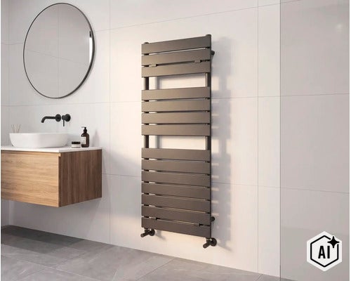 Radiateur sèche-serviettes moderne au design vertical installé sur un mur carrelé clair à côté d un lavabo avec miroir rond. (Image AI modified or generated)