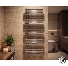 Sèche-serviettes moderne en acier inoxydable monté sur un mur en pierre dans une salle de bain. (Image AI modified or generated)