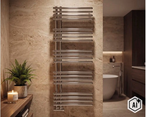 Sèche-serviettes moderne en acier inoxydable monté sur un mur en pierre dans une salle de bain. (Image AI modified or generated)