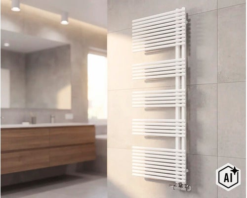 Radiateur de salle de bain moderne à éléments tubulaires horizontaux dans une salle de bain lumineuse avec meuble vasque (Image AI modified or generated)