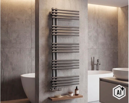 Sèche-serviettes moderne dans une salle de bain élégante avec carrelage imitation béton et baignoire îlot. (Image AI modified or generated)