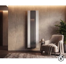 Radiateur design vertical moderne avec élément miroir dans un salon élégamment meublé avec fauteuil et plante d intérieur. (Image AI modified or generated)