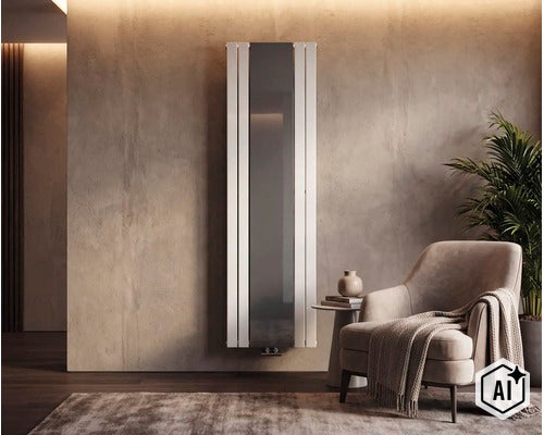 Radiateur design vertical moderne avec élément miroir dans un salon élégamment meublé avec fauteuil et plante d intérieur. (Image AI modified or generated)