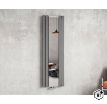 Radiateur design vertical avec miroir intégré, au style moderne, monté sur un mur. (Image AI modified or generated)